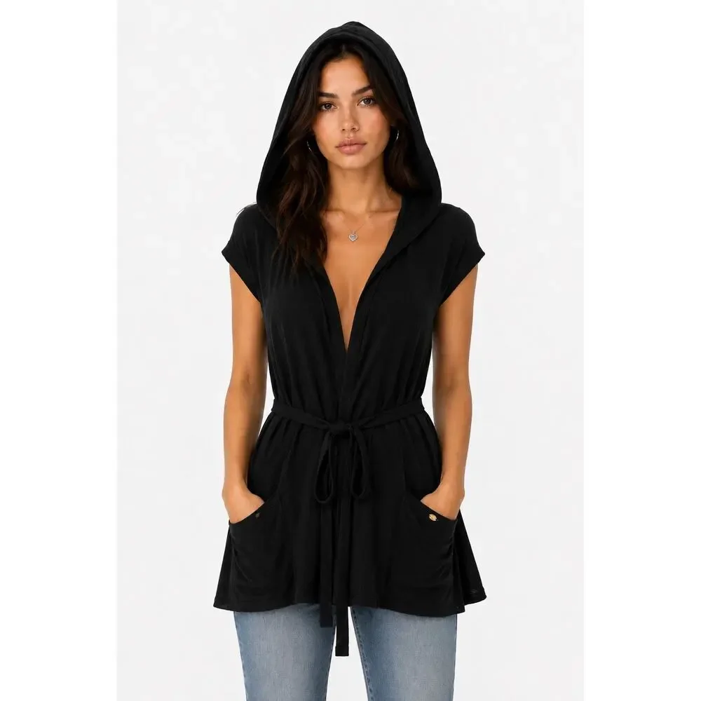 Late 2000s Y2K Juicy Couture Black Terry Hooded Cardigan Petite XS